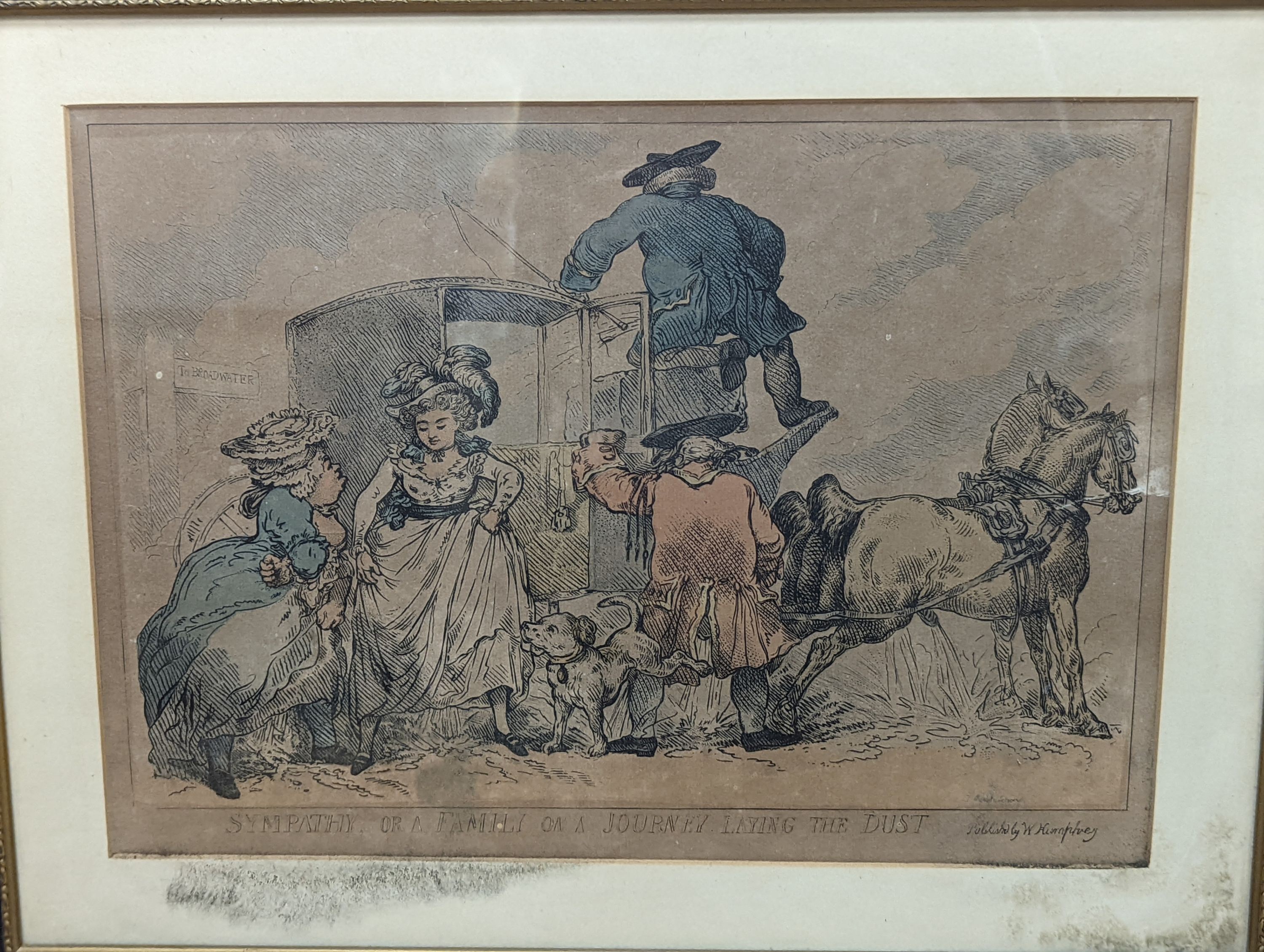 George Vernon Stokes (1873-1954), coloured etching, ‘’Springer Spaniels spying grouse’’, signed, 69/75, 25 x 30cm, together with four 18th century caricature prints